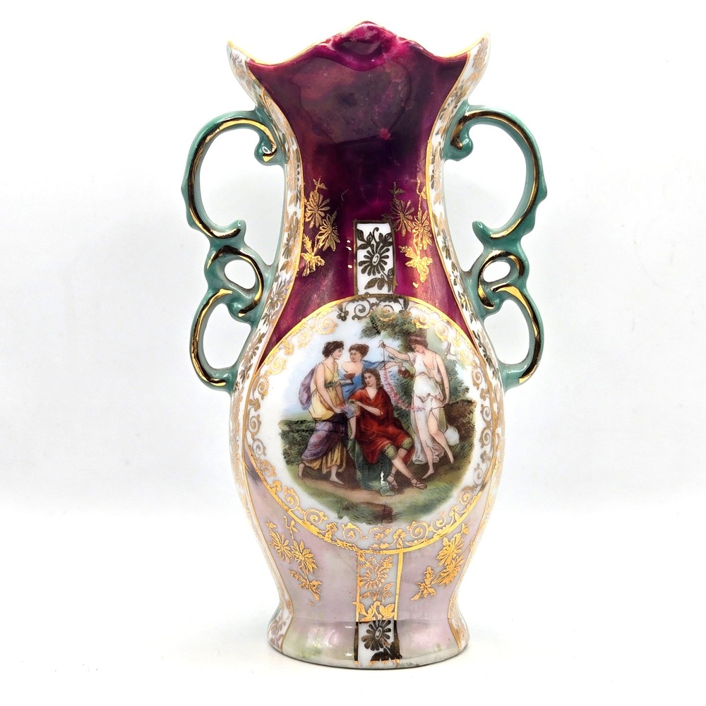 Antique 20s German Porcelain Double Handled Vase Classical Scene Gold Gilt 5.75"
